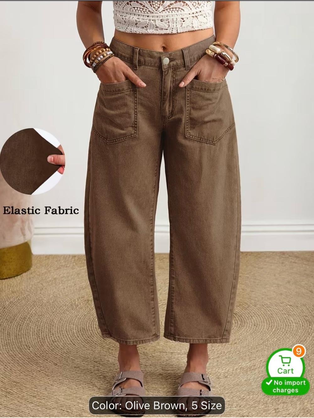 Olive Brown Wide-Leg High-Rise Jeans with Front Patch Pockets